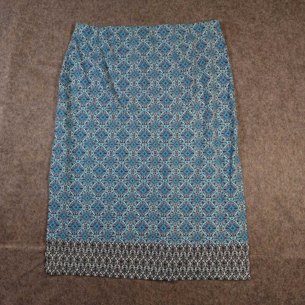 J. Jill Skirt Womens‎ Large Petite Midi Tile Print Blue Pull On Stretch